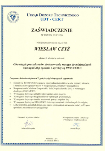 Zaświadczenie „Obowiązek pracodawców dostosowania maszyn do minimalnych wymagań BHP” - Videotekst Poznań - Wiesław Czyż