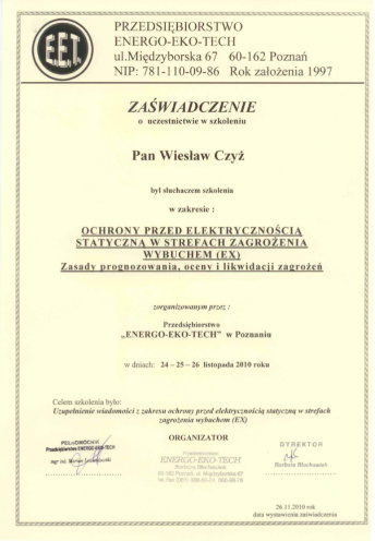 Szkolenie „Ochrona przed elektrycznością statyczną w strefach zagrożenia wybuchem (ex) zasady prognozowania, oceny i likwidacji zagrożeń” - Videotekst Poznań - Wiesław Czyż